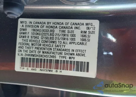 2012 Honda Cr-V Lx z USA, uszkodzony, nr VIN 2HKRM3H3XCH512495